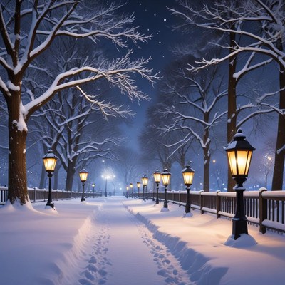 Winter night in a snowy park