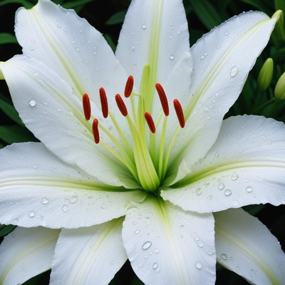Blooming white lily with dew drops