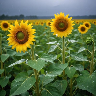 Sunflowers under cloudy sky