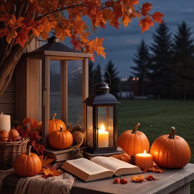 Autumn evening with pumpkins and lanterns