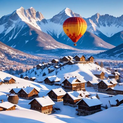 Hot air balloon above snowy village