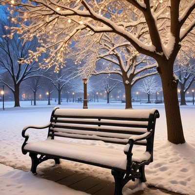 Snowy evening in a lit park