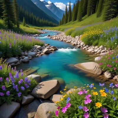 Scenic mountain stream with wildflowers