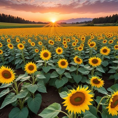 Sunflowers blooming at sunset