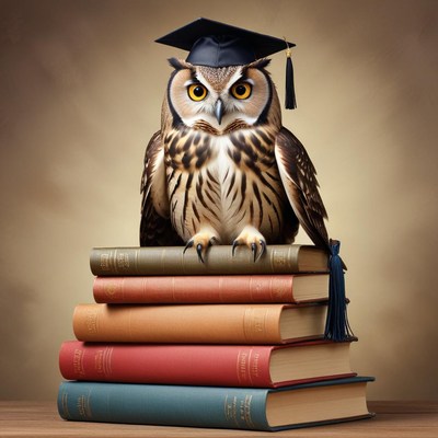 Owl with graduation cap on books