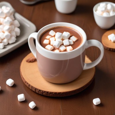 Hot cocoa with marshmallows on wooden table