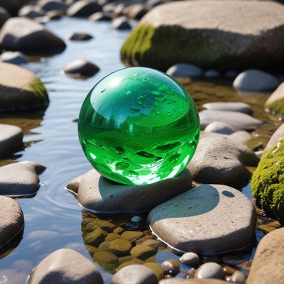 Green glass sphere on river stones