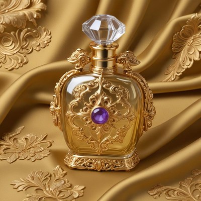 Elegant perfume bottle on golden fabric