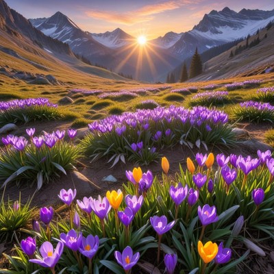 Spring sunrise over mountain flowers