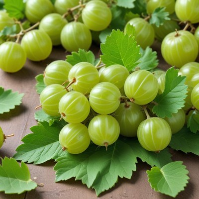 Fresh gooseberries with green leaves