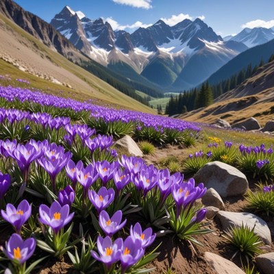 Vibrant crocus flowers in mountain valley