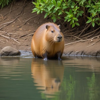 Capybara by the water at sunset
