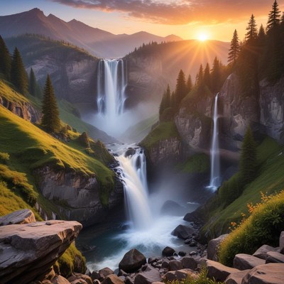 Majestic waterfalls at sunset