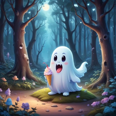 Cute ghost enjoying ice cream in forest