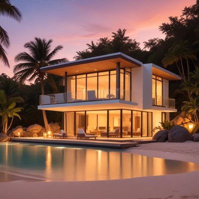 Modern villa by the beach at dusk