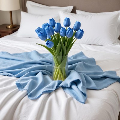 Blue tulips on a cozy bed