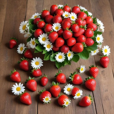 Strawberries and daisies arrangement on wood