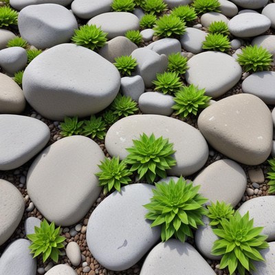 Lush green plants among smooth stones