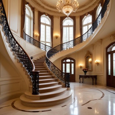 Elegant spiral staircase in grand entryway