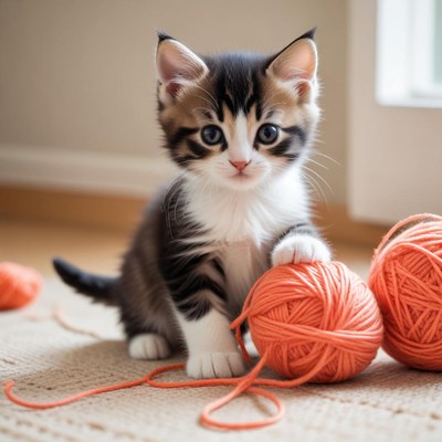 Playful kitten with yarn balls