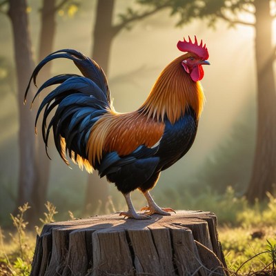 Rooster standing on tree stump at sunrise