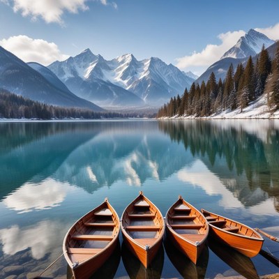 Beautiful mountain lake with wooden boats