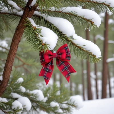Snowy pine branch with red bow
