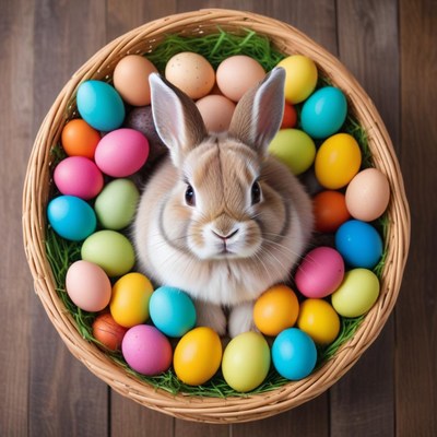 Brightly colored eggs with a fluffy rabbit