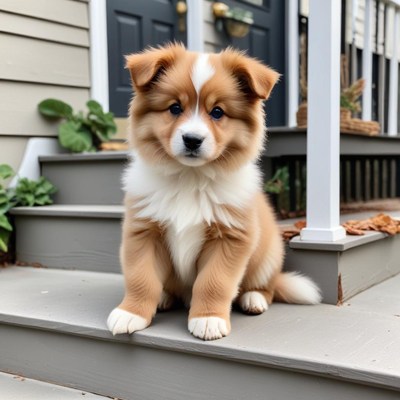 Puppy sitting on front steps