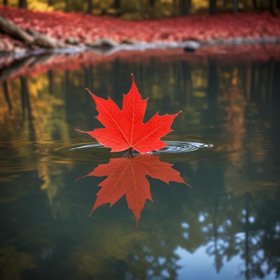 Bright red maple leaf on water