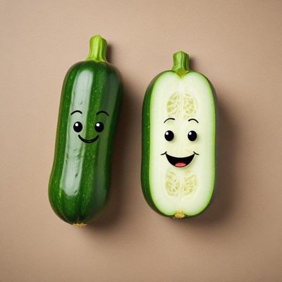 Smiling zucchinis on a brown background