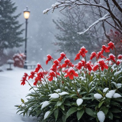 Red flowers in winter snow