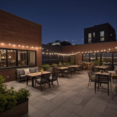 Rooftop dining area in the evening