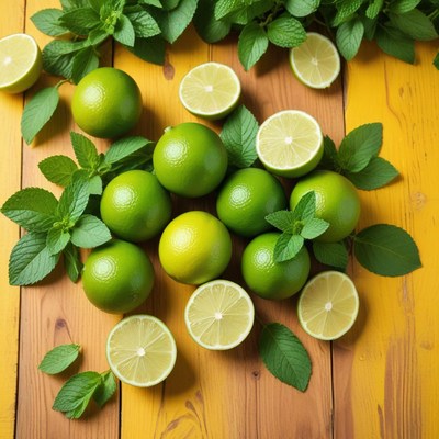 Fresh limes and mint leaves arrangement