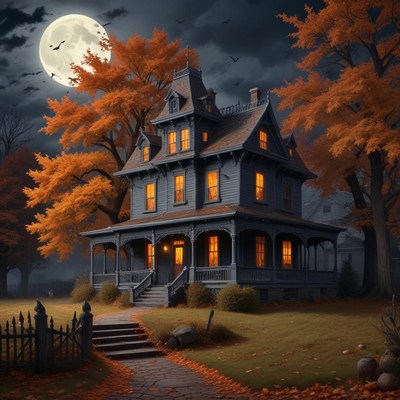 Spooky victorian house at night