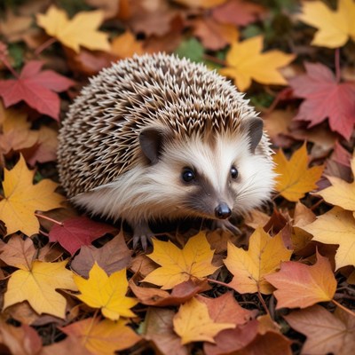 Hedgehog amidst autumn leaves