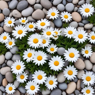 Daisies blooming among smooth pebbles