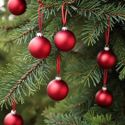 Red ornaments hanging on a christmas tree