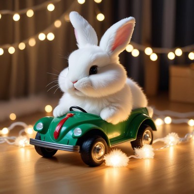 Cute bunny driving a toy car