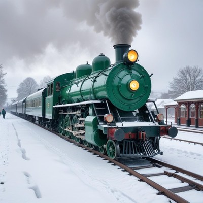 Snowy train station with steam engine