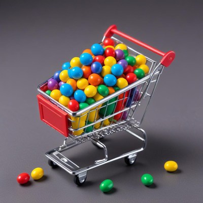 Colorful candy in shopping cart