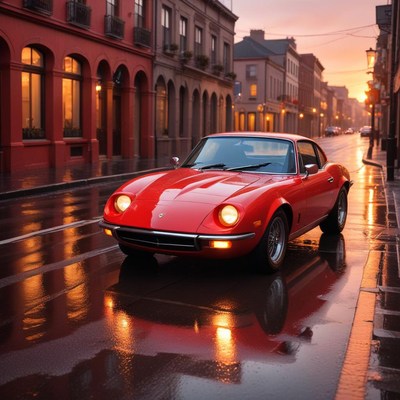 Classic red car on rainy street