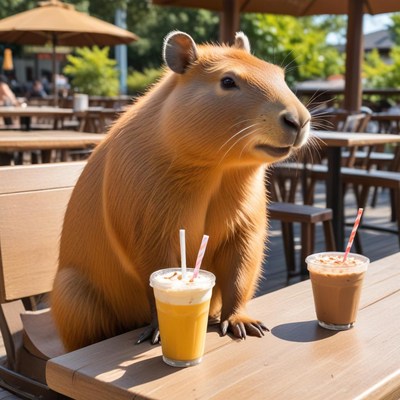 Capybara enjoying drinks in cafe