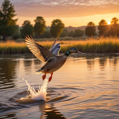 Duck takes off at sunset