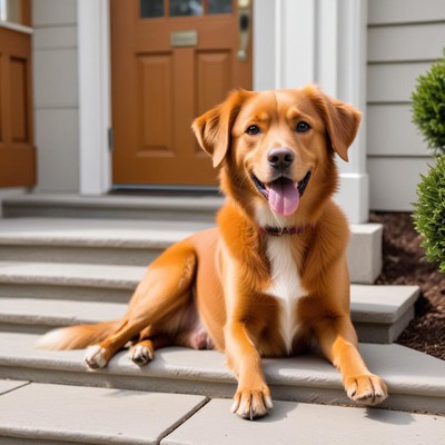 Happy dog relaxing on porch steps