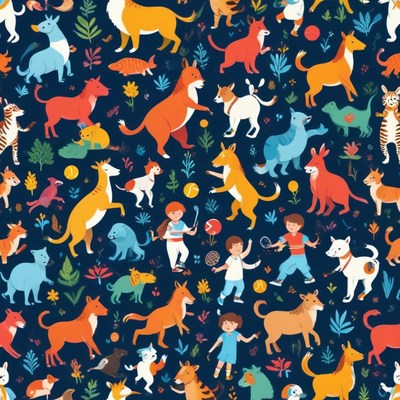 Children playing with various animals