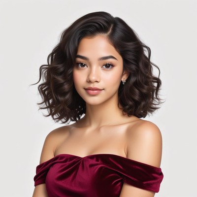 Woman with curly hair in burgundy dress