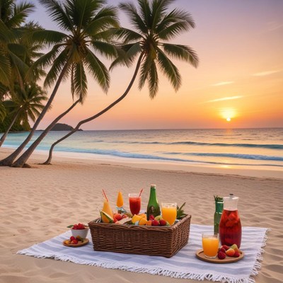 Sunset beach picnic with drinks
