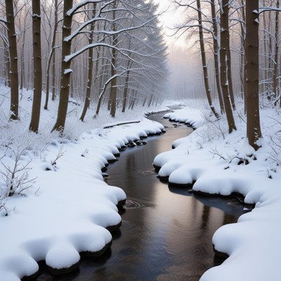 Winter stream through snowy forest