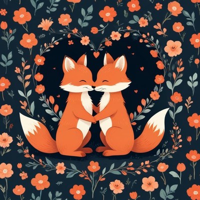 Foxes in love among flowers